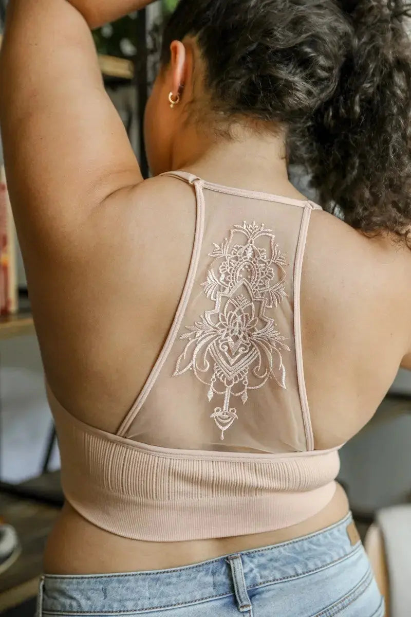Tattoo Back Bralette – Embroidered Mesh Racerback Style