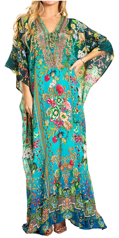 Sakkas Georgettina 2025 Flowy Rhinestone V Neck Long Caftan Dress / Cover Up