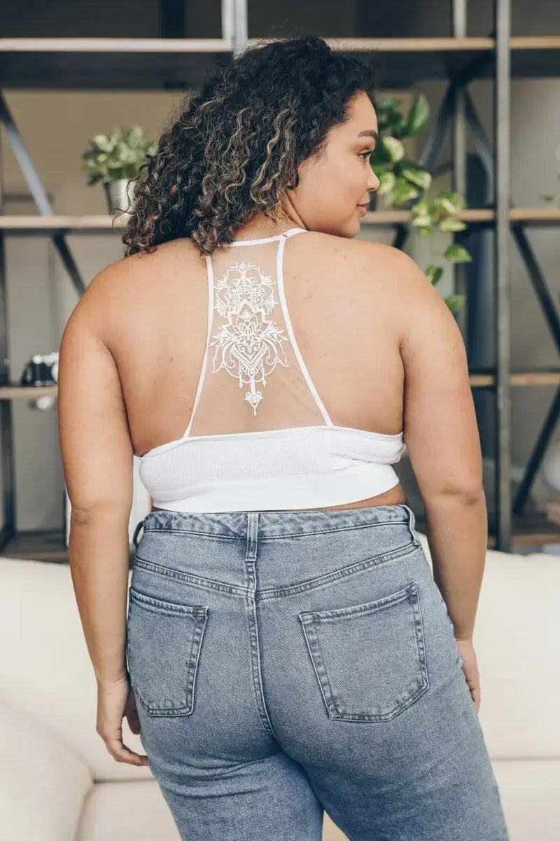 Tattoo Back Bralette – Embroidered Mesh Racerback Style