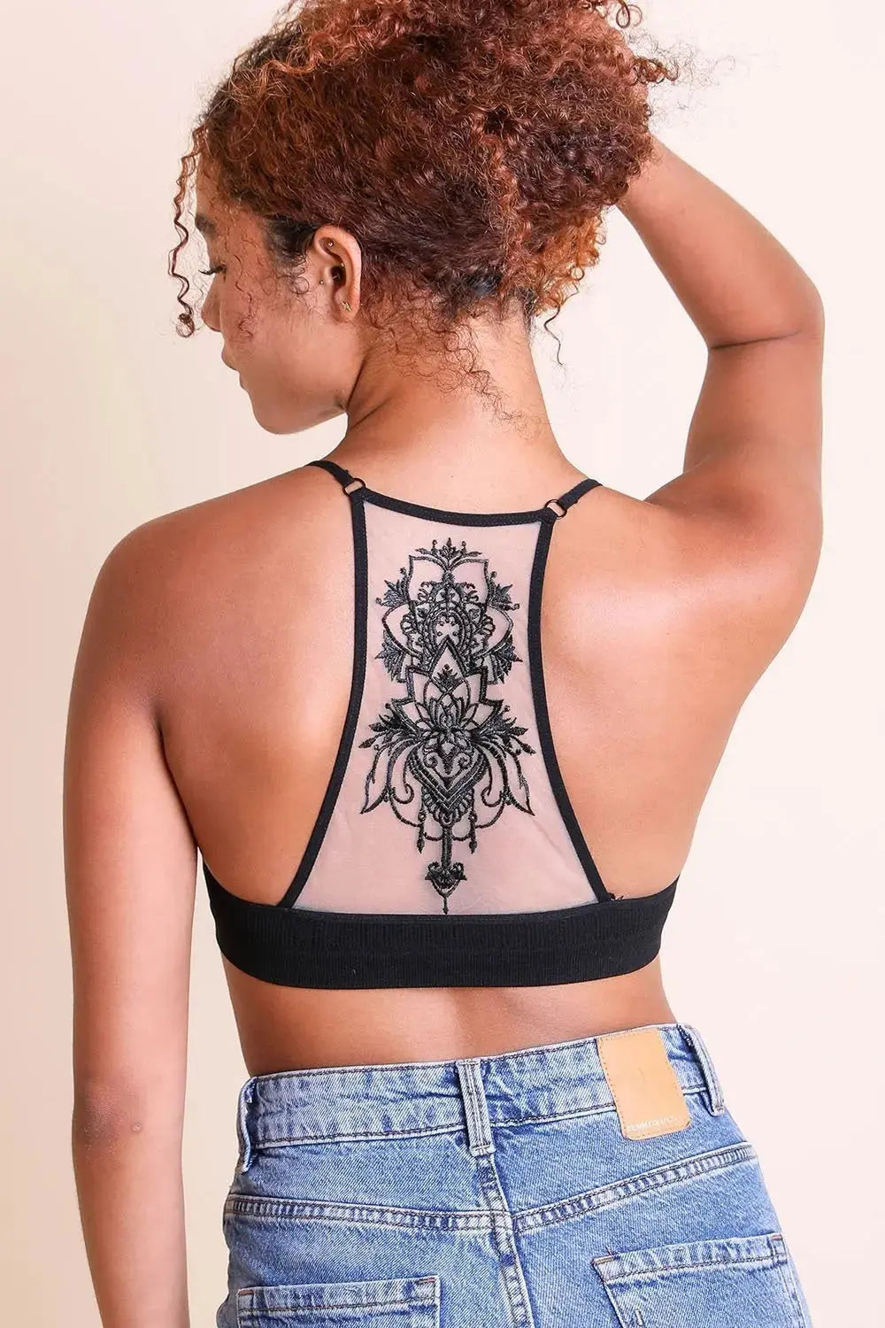 Tattoo Back Bralette – Embroidered Mesh Racerback Style